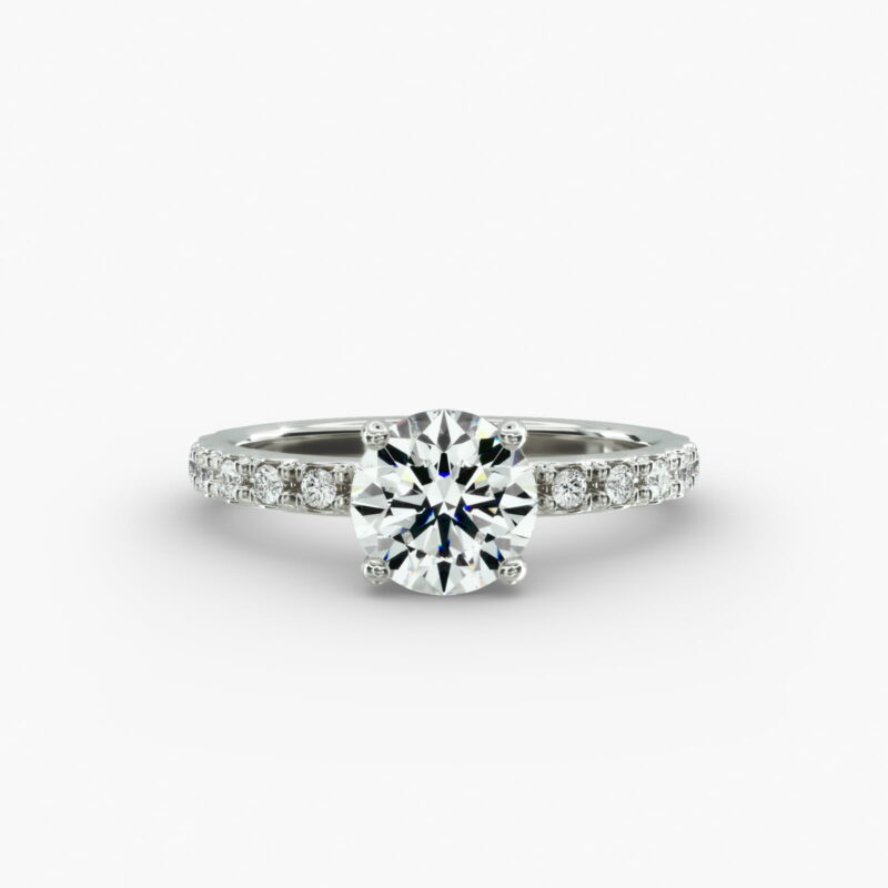 Platinum French cut pavé engagement rings under $2,500 featuring a 1 carat round lab grown diamond and 16 pavé side stones on a 1.60mm wire shank.