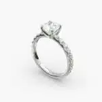 Platinum French cut pavé engagement rings under $2,500 featuring a 1 carat round lab grown diamond and 16 pavé side stones on a 1.60mm wire shank.