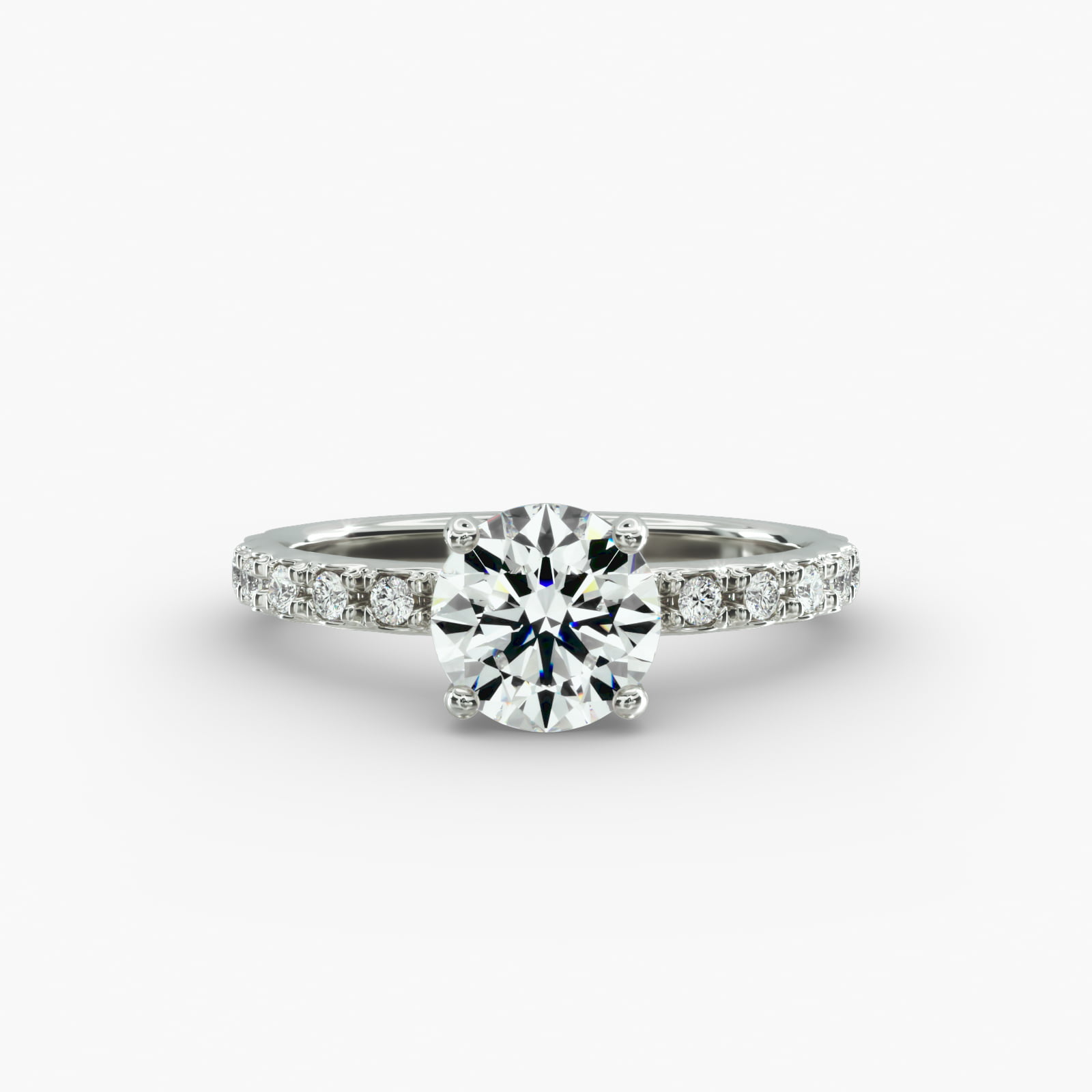 Platinum French cut pavé engagement rings under $2,500 featuring a 1 carat round lab grown diamond and 16 pavé side stones on a 1.60mm wire shank.
