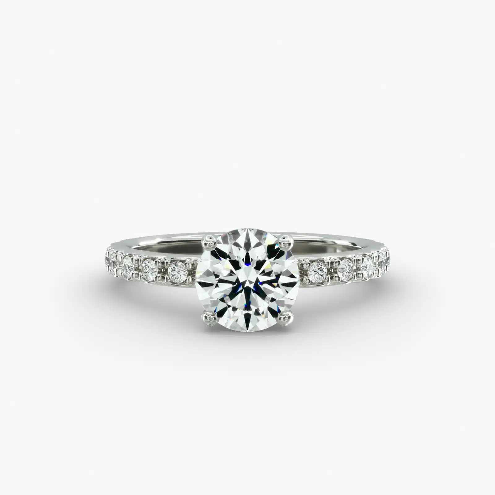 Platinum French cut pavé engagement rings under $2,500 featuring a 1 carat round lab grown diamond and 16 pavé side stones on a 1.60mm wire shank.