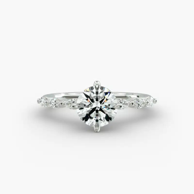 14K white gold marquise sidestone engagement rings under $2,500 featuring a 1 carat round lab-grown diamond and 0.30 CTW marquise accents.