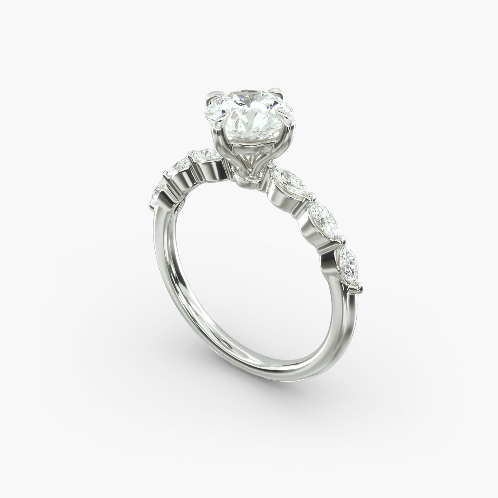 14K white gold marquise sidestone engagement rings under $2,500 featuring a 1 carat round lab-grown diamond and 0.30 CTW marquise accents.