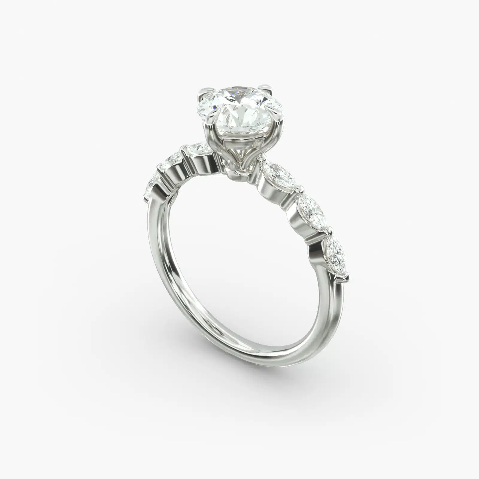 14K white gold marquise sidestone engagement rings under $2,500 featuring a 1 carat round lab-grown diamond and 0.30 CTW marquise accents.