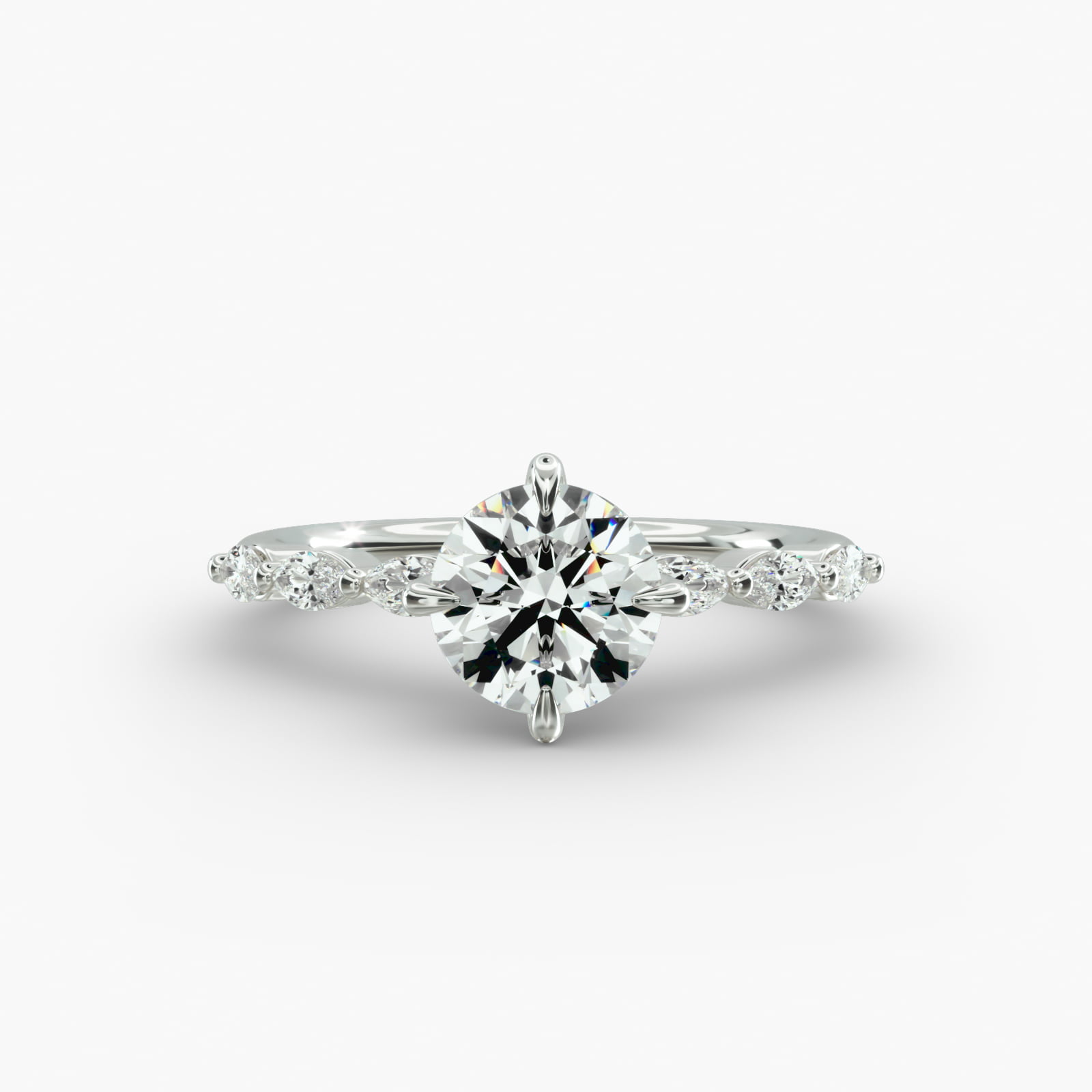 14K white gold marquise sidestone engagement rings under $2,500 featuring a 1 carat round lab-grown diamond and 0.30 CTW marquise accents.