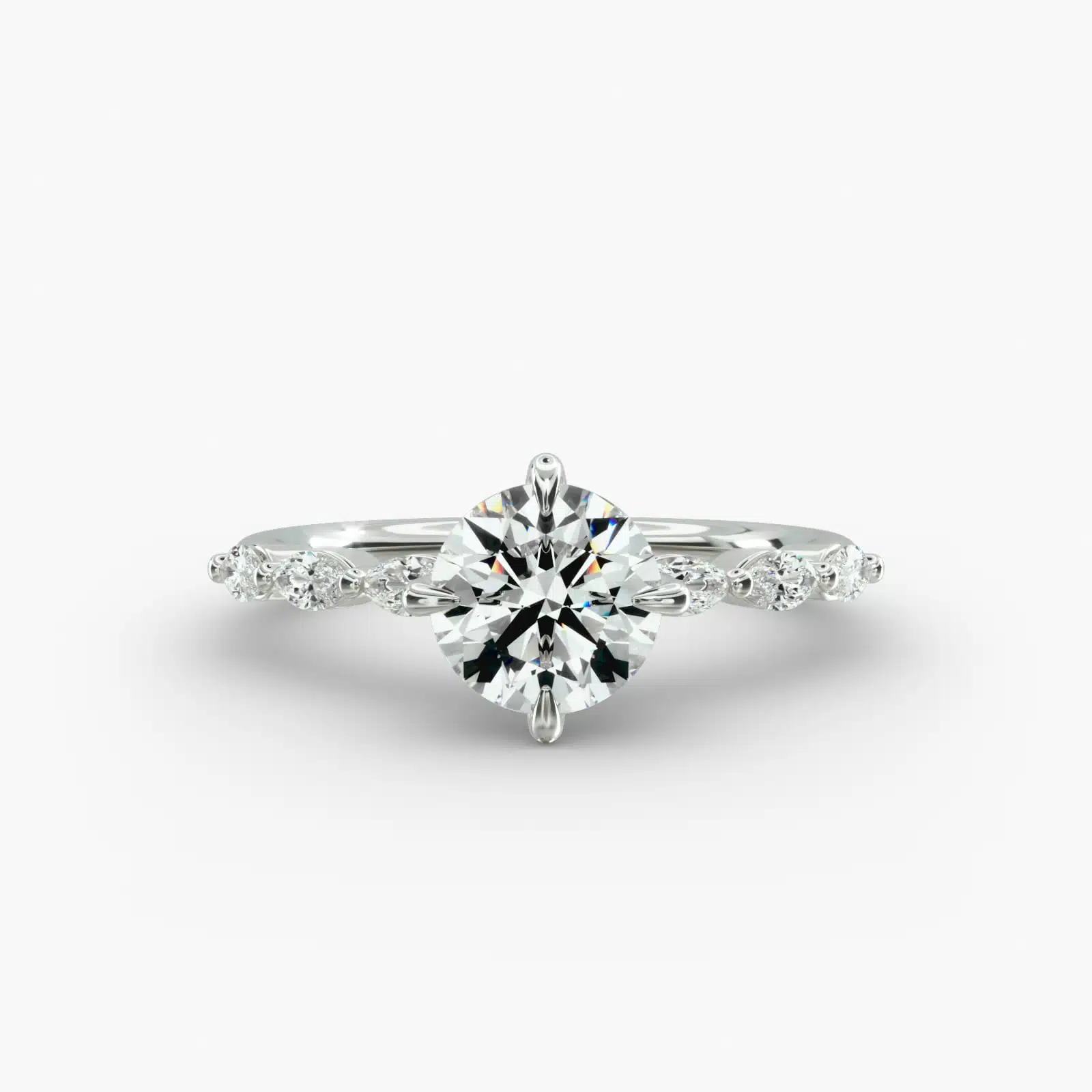 14K white gold marquise sidestone engagement rings under $2,500 featuring a 1 carat round lab-grown diamond and 0.30 CTW marquise accents.
