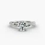 Platinum pavé rope engagement rings under $2,500 featuring a 1 carat round lab grown diamond and 24 interwoven natural diamonds on a 2.90mm band.