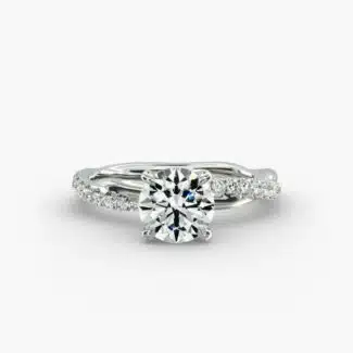 Platinum pavé rope engagement rings under $2,500 featuring a 1 carat round lab grown diamond and 24 interwoven natural diamonds on a 2.90mm band.