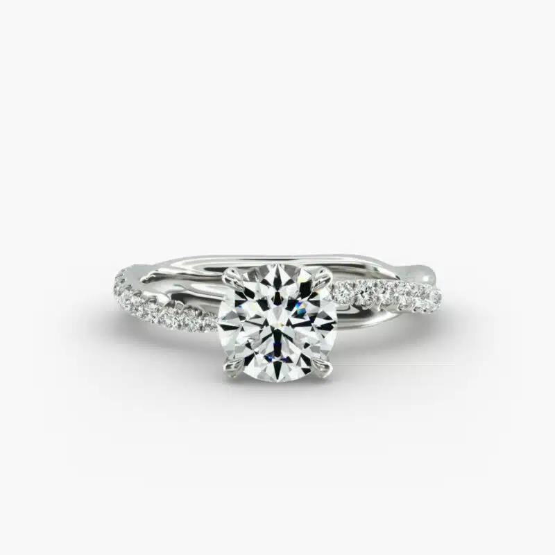 Platinum pavé rope engagement rings under $2,500 featuring a 1 carat round lab grown diamond and 24 interwoven natural diamonds on a 2.90mm band.