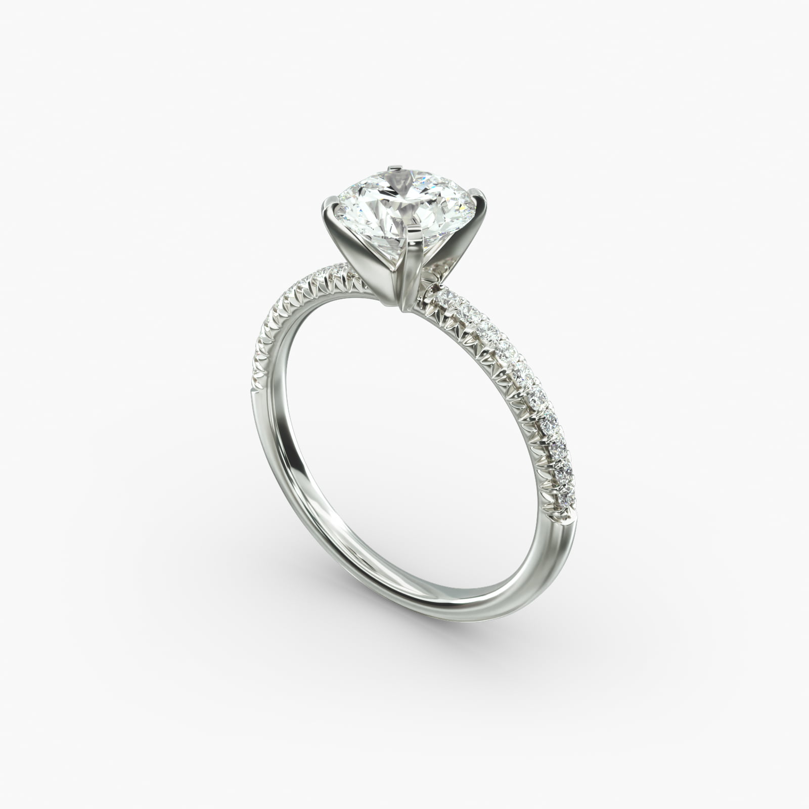 Platinum round petite pavé engagement rings under $2,500 featuring a 1.5 carat round lab-grown diamond and 20 French cut natural diamonds on a 1.60mm band.
