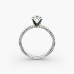 Platinum round petite pavé engagement rings under $2,500 featuring a 1.5 carat round lab-grown diamond and 20 French cut natural diamonds on a 1.60mm band.