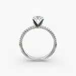 Platinum round petite pavé engagement rings under $2,500 featuring a 1.5 carat round lab-grown diamond and 20 French cut natural diamonds on a 1.60mm band.