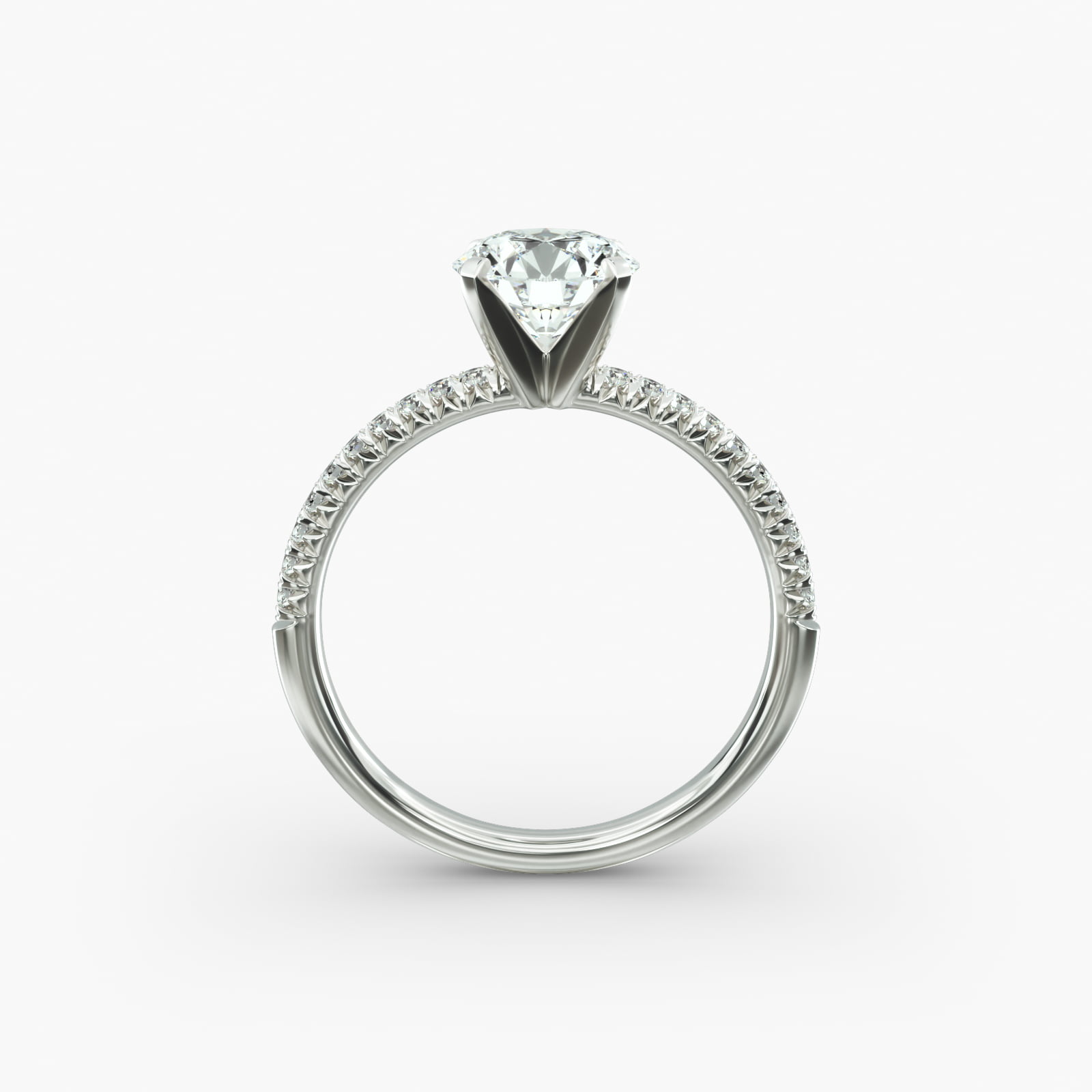 Platinum round petite pavé engagement rings under $2,500 featuring a 1.5 carat round lab-grown diamond and 20 French cut natural diamonds on a 1.60mm band.