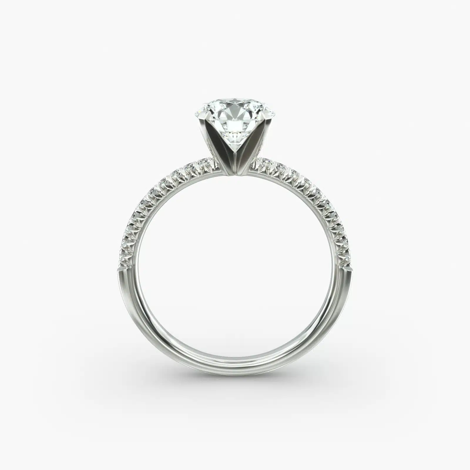 Platinum round petite pavé engagement rings under $2,500 featuring a 1.5 carat round lab-grown diamond and 20 French cut natural diamonds on a 1.60mm band.