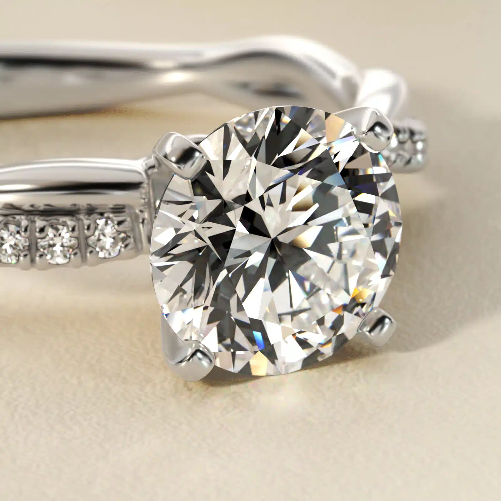 14K white gold petite twist engagement rings under $2,500 featuring a 1.5 carat round lab grown diamond and 20 pavé natural diamonds on a 2.80mm shank.