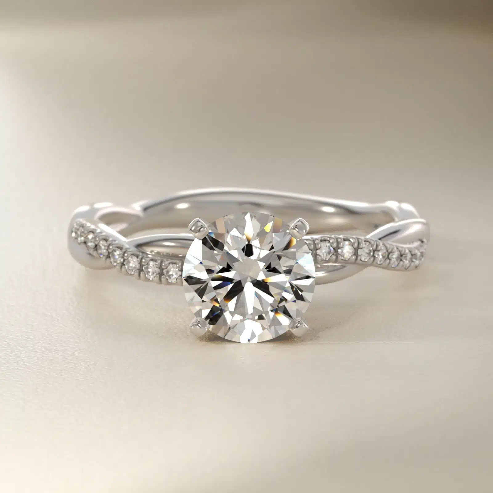 14K white gold petite twist engagement rings under $2,500 featuring a 1.5 carat round lab grown diamond and 20 pavé natural diamonds on a 2.80mm shank.