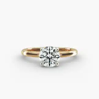 14K yellow gold round solitaire engagement rings under $2,500 featuring a 2 carat colorless VS clarity lab grown diamond with claw prongs.