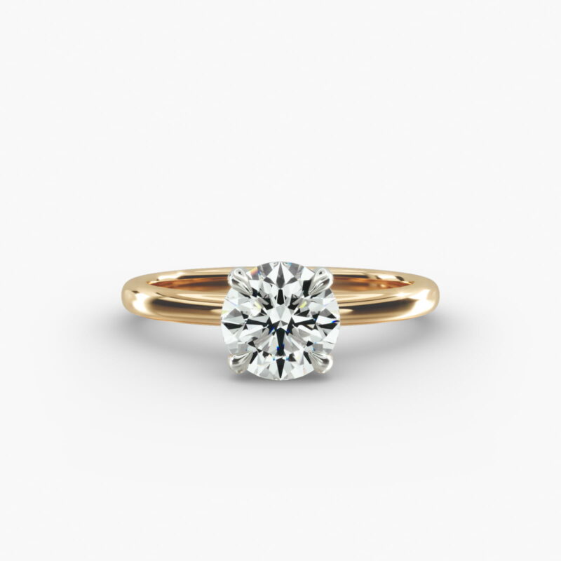 14K yellow gold round solitaire engagement rings under $2,500 featuring a 2 carat colorless VS clarity lab grown diamond with claw prongs.