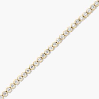 14K yellow gold round lab grown diamond tennis bracelets under $3000 featuring 3 CTW of brilliant-cut diamonds in basket settings.