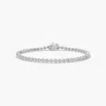 14K white gold round lab grown diamond tennis bracelets under $3000 featuring 4 CTW of brilliant diamonds and a floral box clasp.