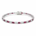 14K white gold ruby and lab grown diamond tennis bracelets under $3000 featuring alternating emerald-cut rubies and round brilliant diamonds.