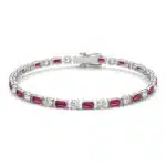 14K white gold ruby and lab grown diamond tennis bracelets under $3000 featuring alternating emerald-cut rubies and round brilliant diamonds.