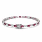 14K white gold ruby and lab grown diamond tennis bracelets under $3000 featuring alternating emerald-cut rubies and round brilliant diamonds.