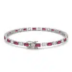 14K white gold ruby and lab grown diamond tennis bracelets under $3000 featuring alternating emerald-cut rubies and round brilliant diamonds.