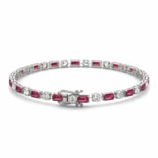 14K white gold ruby and lab grown diamond tennis bracelets under $3000 featuring alternating emerald-cut rubies and round brilliant diamonds.