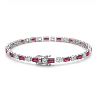 14K white gold ruby and lab grown diamond tennis bracelets under $3000 featuring alternating emerald-cut rubies and round brilliant diamonds.