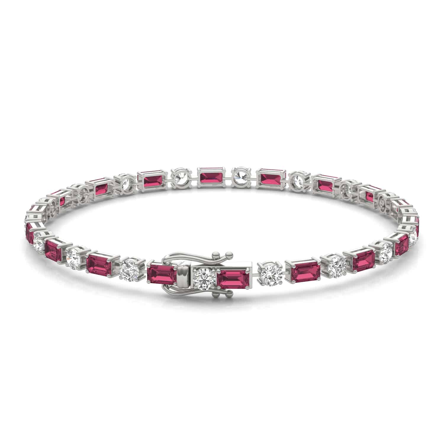 14K white gold ruby and lab grown diamond tennis bracelets under $3000 featuring alternating emerald-cut rubies and round brilliant diamonds.