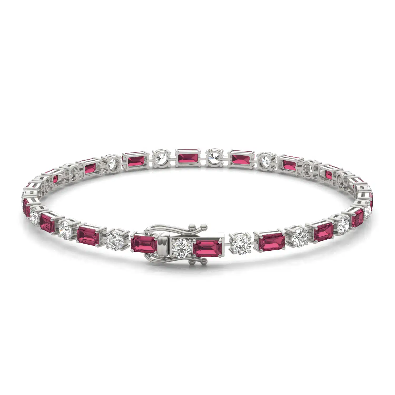 14K white gold ruby and lab grown diamond tennis bracelets under $3000 featuring alternating emerald-cut rubies and round brilliant diamonds.