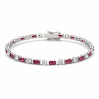 14K white gold ruby and lab grown diamond tennis bracelets under $3000 featuring alternating emerald-cut rubies and round brilliant diamonds.