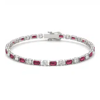 14K white gold ruby and lab grown diamond tennis bracelets under $3000 featuring alternating emerald-cut rubies and round brilliant diamonds.