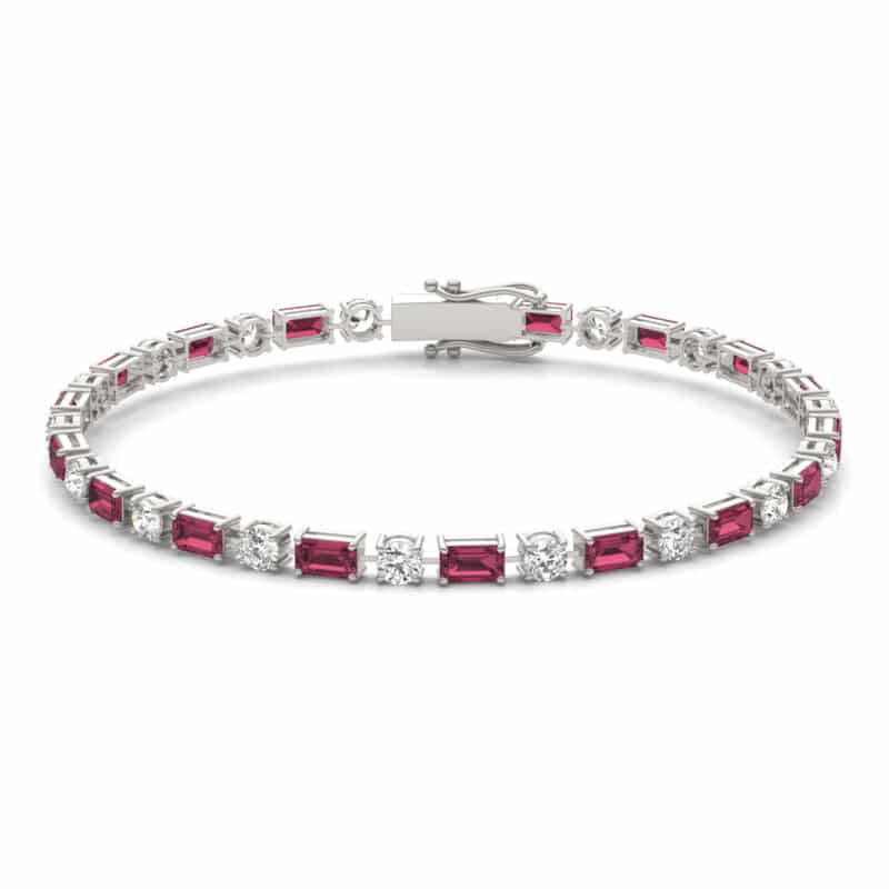 14K white gold ruby and lab grown diamond tennis bracelets under $3000 featuring alternating emerald-cut rubies and round brilliant diamonds.