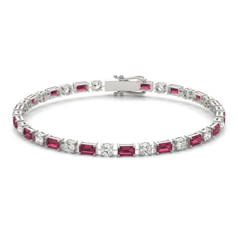 14K white gold ruby and lab grown diamond tennis bracelets under $3000 featuring alternating emerald-cut rubies and round brilliant diamonds.