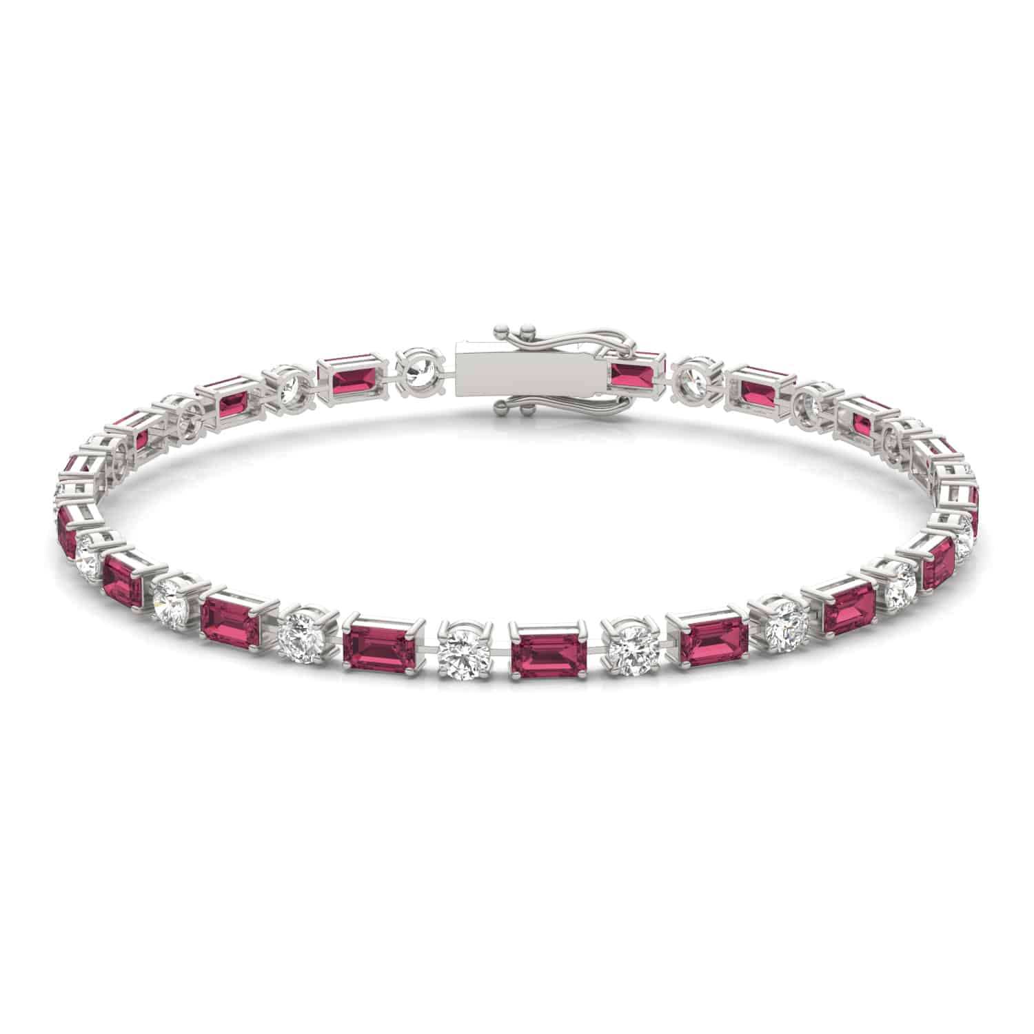 14K white gold ruby and lab grown diamond tennis bracelets under $3000 featuring alternating emerald-cut rubies and round brilliant diamonds.