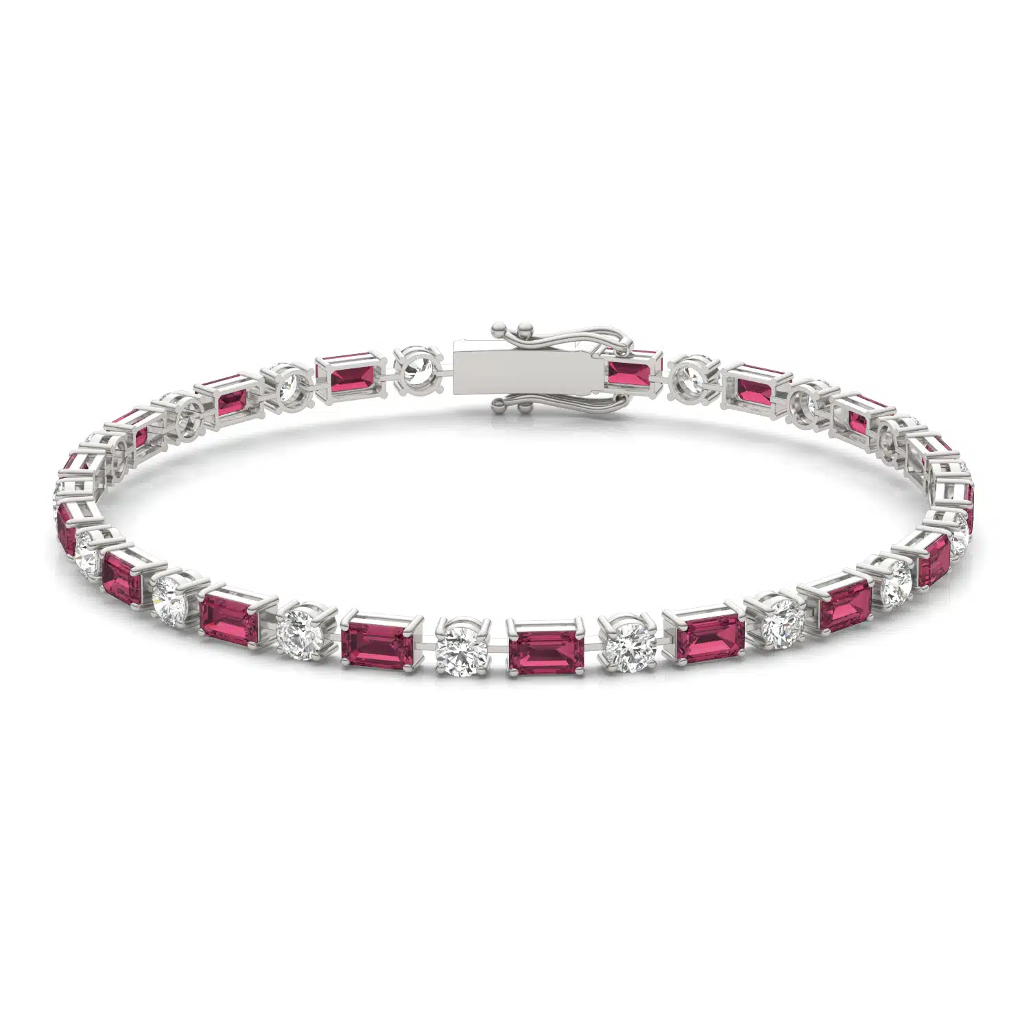 14K white gold ruby and lab grown diamond tennis bracelets under $3000 featuring alternating emerald-cut rubies and round brilliant diamonds.