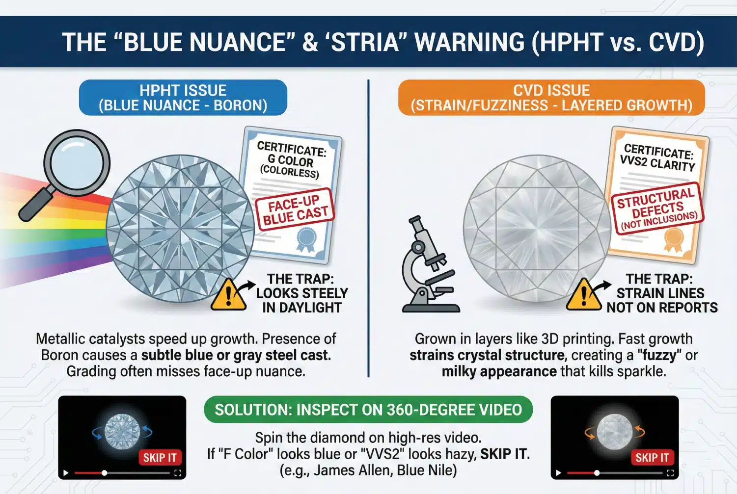 An educational infographic comparing HPHT and CVD lab-grown diamond defects. The left side illustrates the HPHT "Blue Nuance" issue caused by Boron, showing a diamond with a steely blue cast next to a G-color certificate. The right side illustrates CVD "Strain" or fuzziness caused by fast layered growth, showing a hazy diamond. The bottom section emphasizes the solution: inspecting stones via 360-degree high-resolution video to skip stones that look blue or milky.