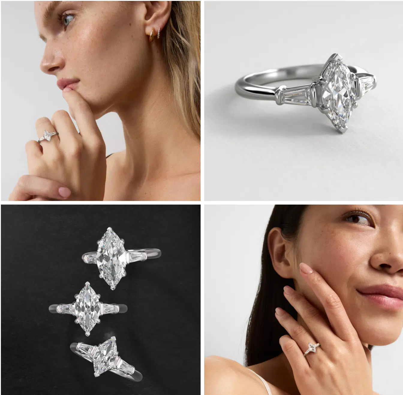 Tapered Baguette Diamond Three Stone Engagement Ring In Platinum.