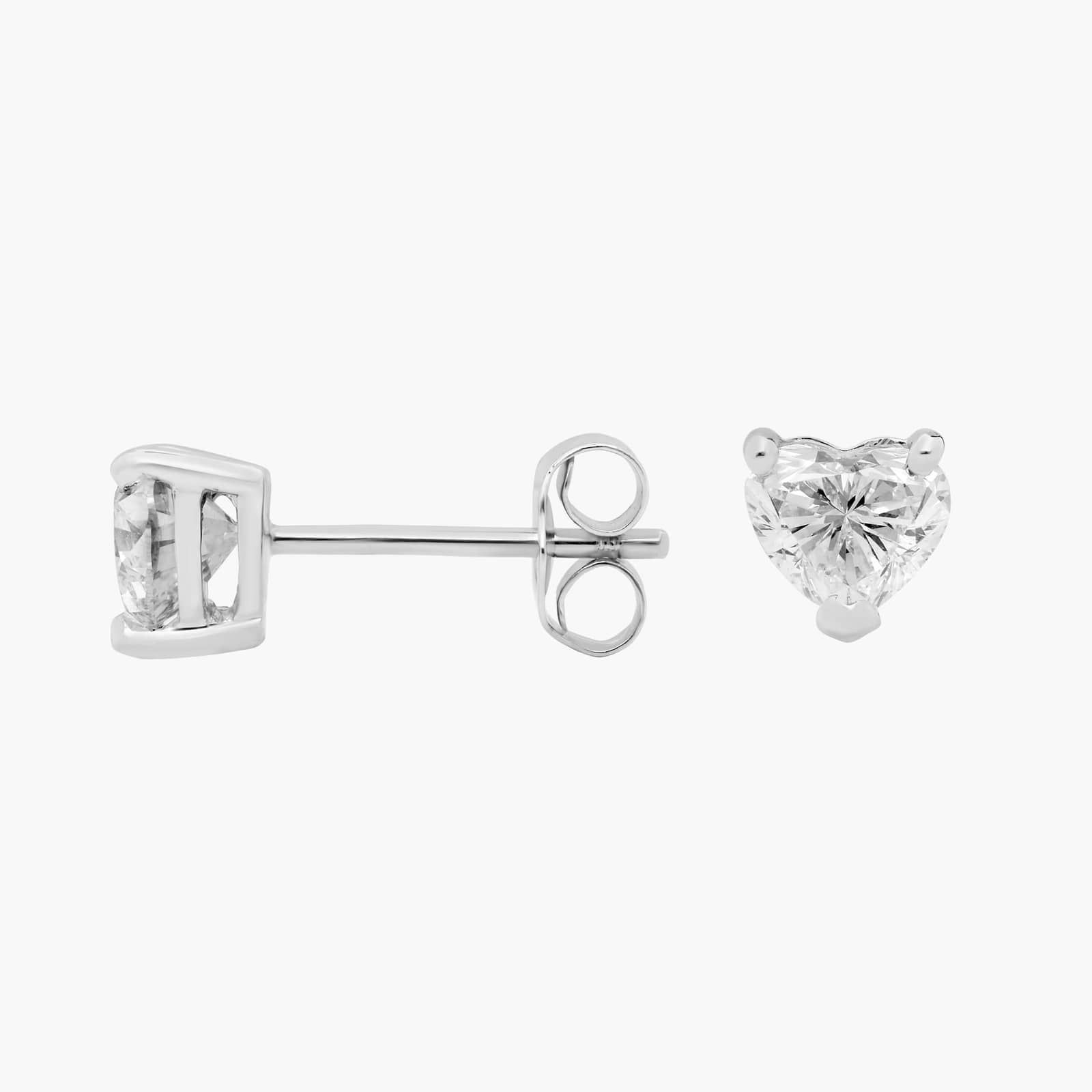 14k white gold heart-shaped lab grown diamond stud earrings featuring 1 ct. tw. colorless VS diamonds.