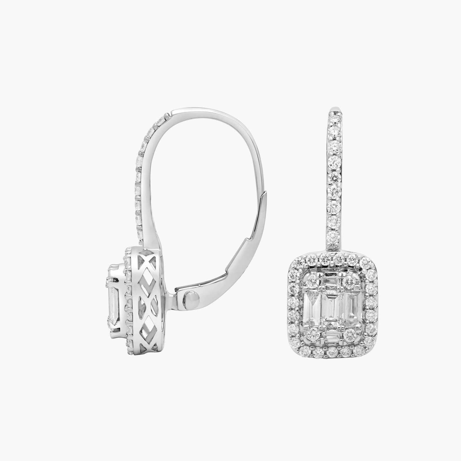 Shop luxury 18k white gold drop earrings. Featuring 82 natural baguette and round diamonds (3/4 ct. tw.) with secure lever backs for $2,422.