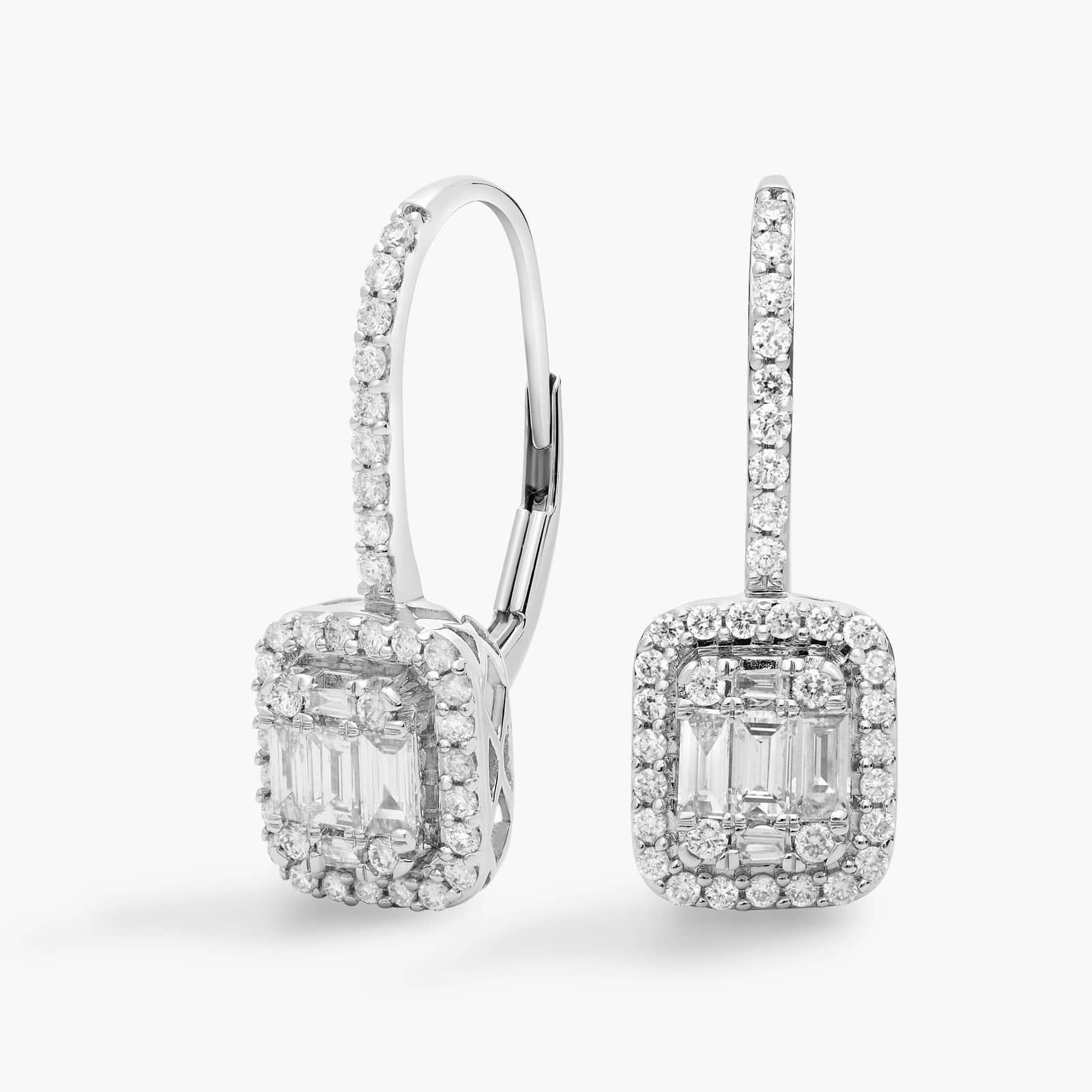 Shop luxury 18k white gold drop earrings. Featuring 82 natural baguette and round diamonds (3/4 ct. tw.) with secure lever backs for $2,422.