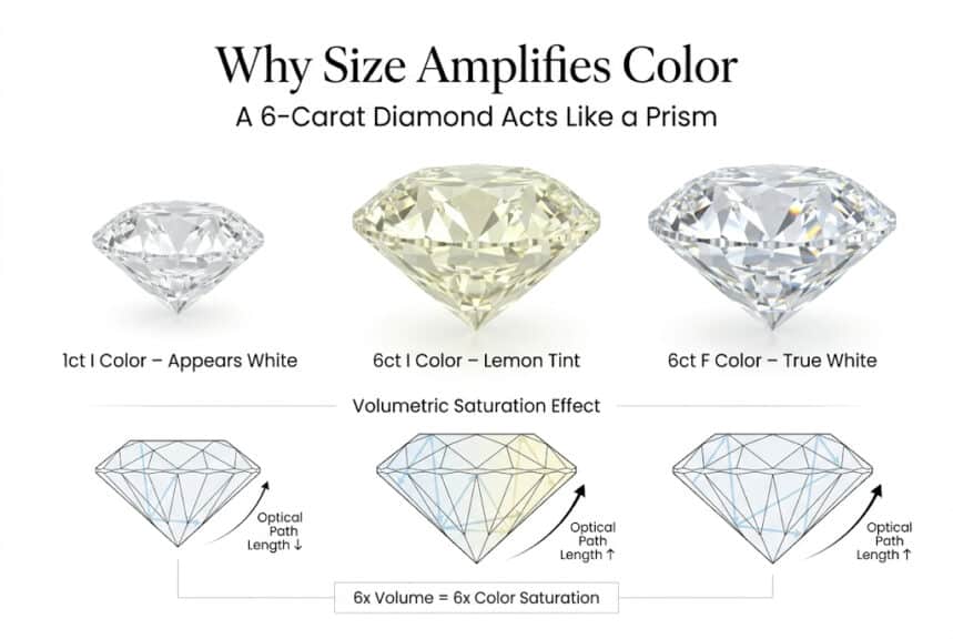 6 carat diamond color saturation optical path length I vs F color yellow tint infographic