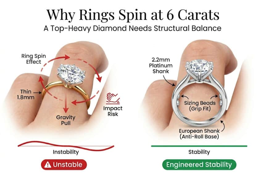 6 carat diamond ring spin effect thin band vs european shank platinum stability infographic