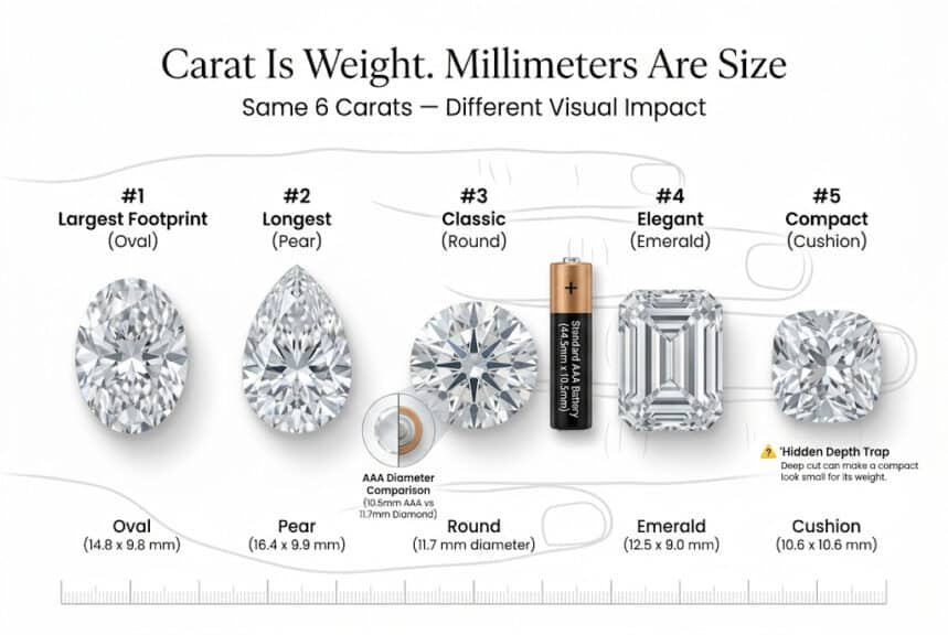 6 carat diamond size comparison oval pear round emerald cushion mm dimensions visual footprint infographic