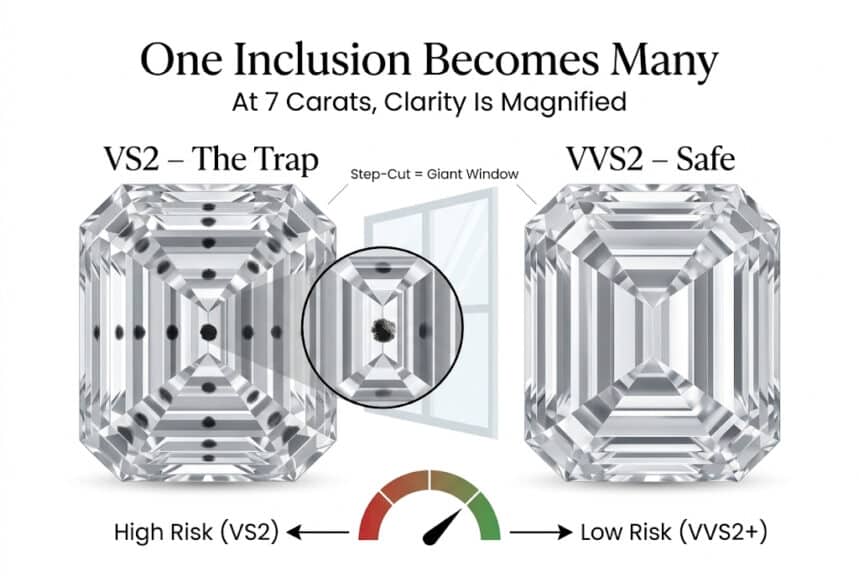 7 carat emerald cut diamond clarity VS2 vs VVS2 windowing inclusion reflection infographic