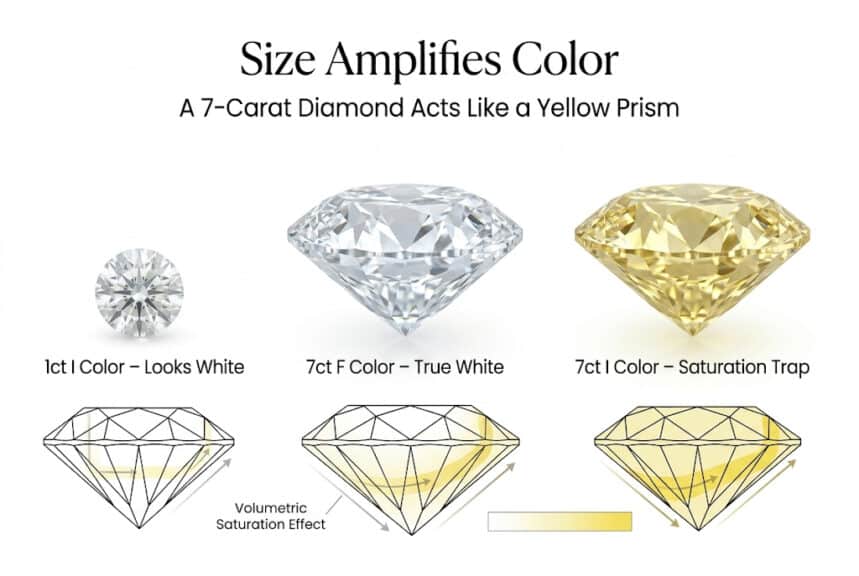 7 carat diamond color comparison I vs F color volumetric saturation yellow tint infographic