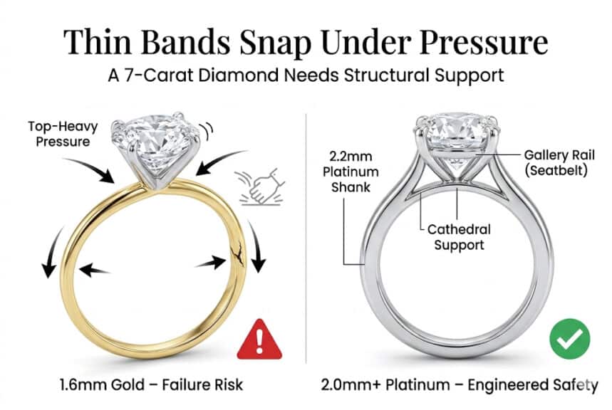 7 carat diamond ring thin gold band vs platinum 2mm safety comparison infographic
