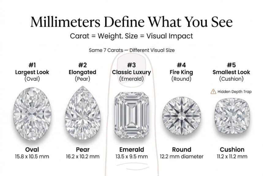 7 carat diamond size comparison oval pear emerald round cushion mm dimensions visual footprint infographic