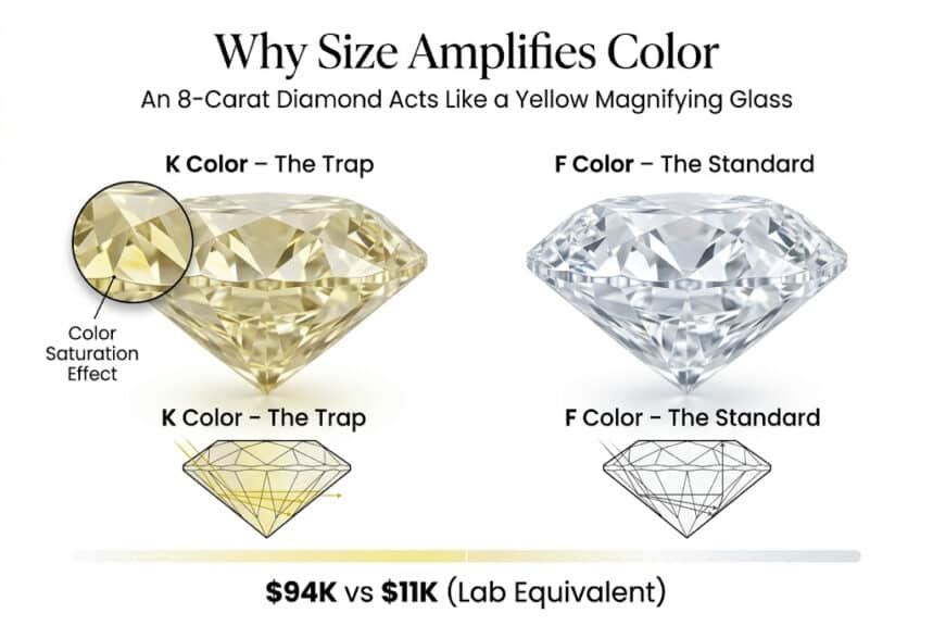 8 carat diamond color comparison K vs F color yellow tint saturation large diamond infographic
